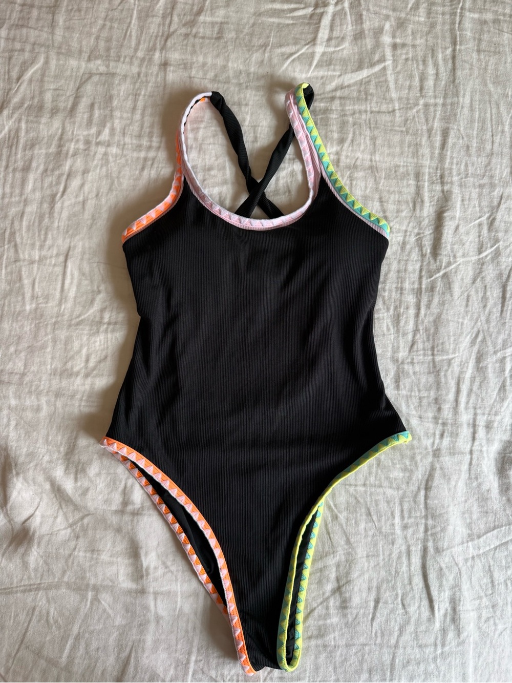 Cupshe ribbed black one piece swimsuit Crochet Trim neon size S NWT